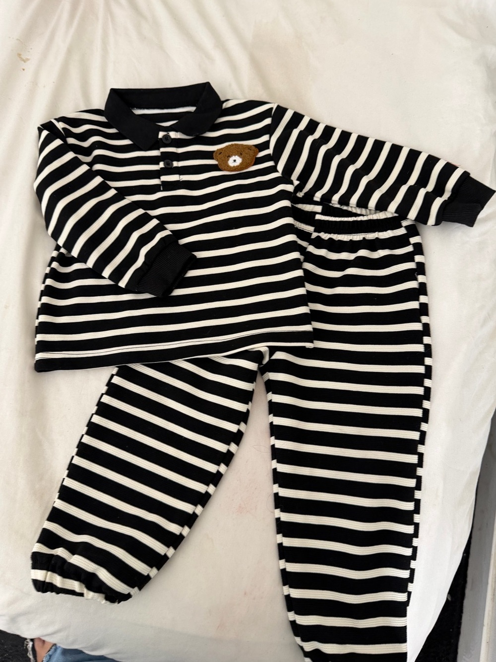 SHEIN Black and White Striped Kids Pajama Set with Bear Patch